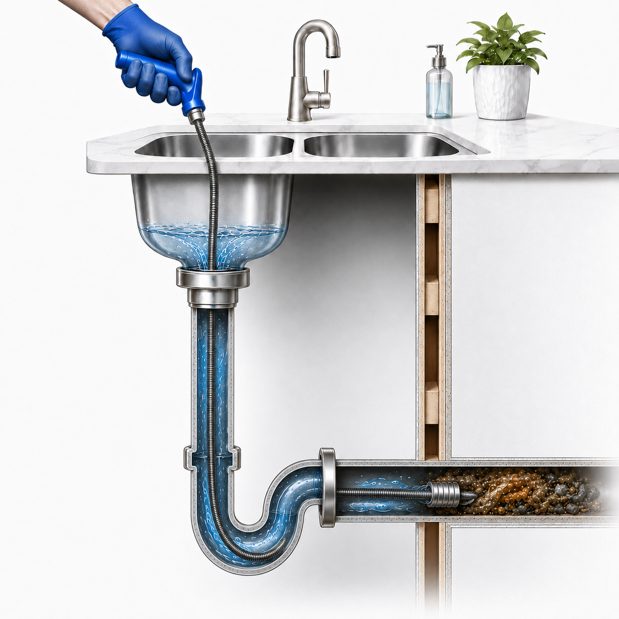 Illustration of professional drain cleaning and drain rodding