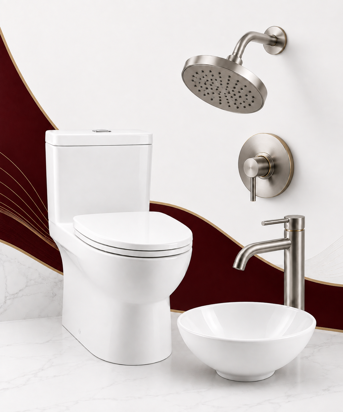 Illustration of a modern residential toilet, faucet, sink, and plumbing fixtures