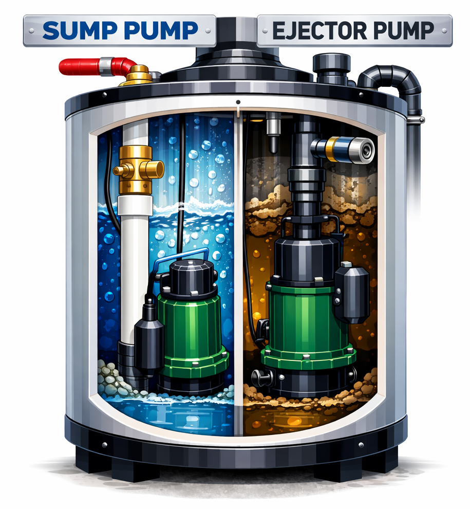 Illustration of sump pump and ejector pump systems