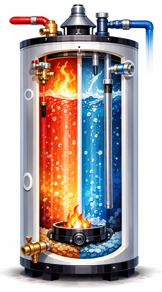 Illustration of a residential water heater showing internal heating components and hot and cold water flow